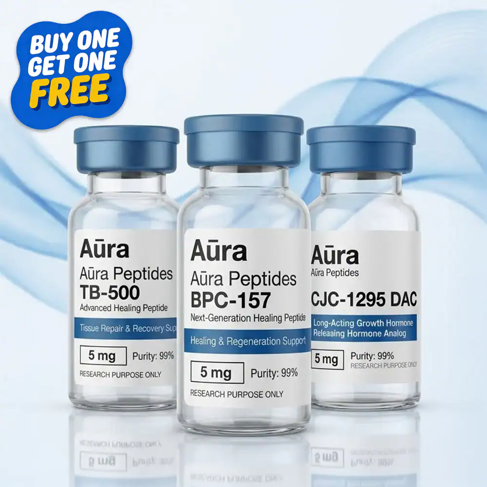 Aūra Peptides bottles with labels for TB-500, BPC-157, and CJC-1295 DAC.