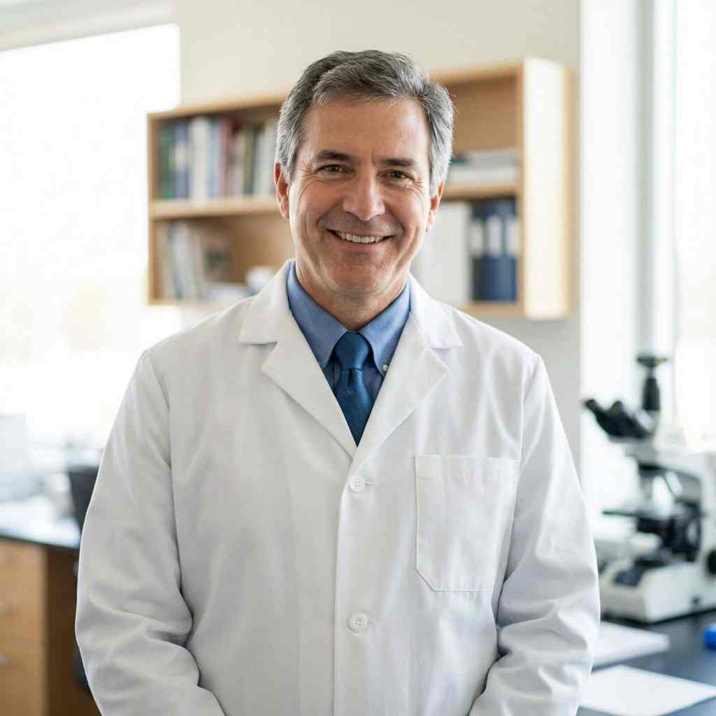Doctor in a laboratory setting, smiling, wearing a white lab coat, with scientific equipment in the.