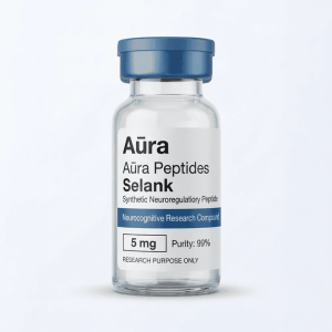 Aūra Peptides Selank neurocognitive research peptide in glass vial.