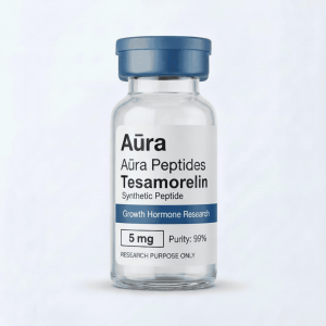 Aūra Peptides Tesamorelin vial for growth hormone research.