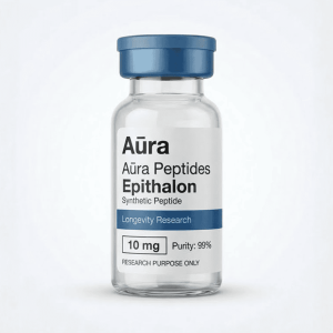 Aūra Epithalon peptide supplement in a glass vial for longevity research.