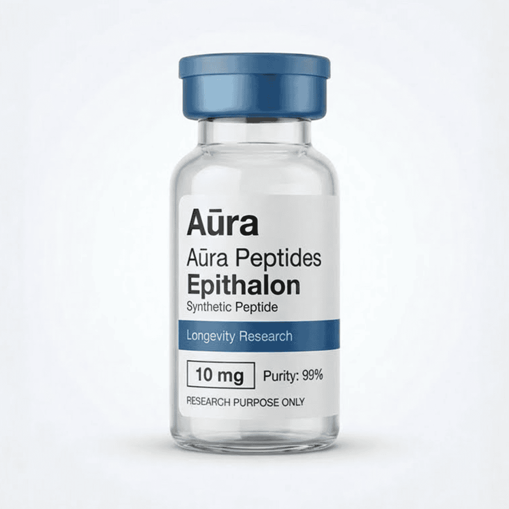 Aūra Epithalon peptide supplement in a glass vial for longevity research.