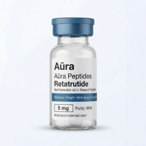 Aūra Peptides Retatrutide supplement bottle for weight management and metabolic support.