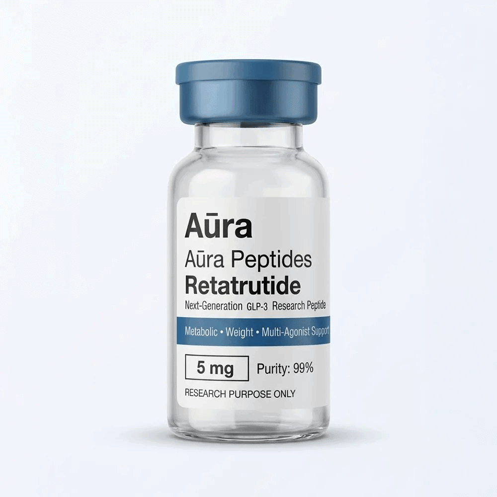 Aūra Peptides Retatrutide supplement bottle for weight management and metabolic support.