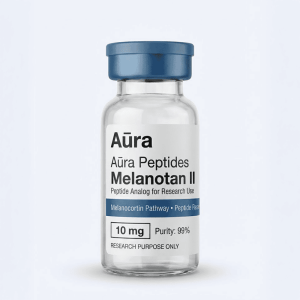 Aūra Peptides Melanotan II peptide vial for research purposes.